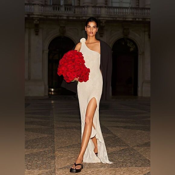 ANTHROPOLOGIE Ronny Kobo Owena One Shoulder Texture Gown Maxi Dress M Read Below - Picture 3 of 12